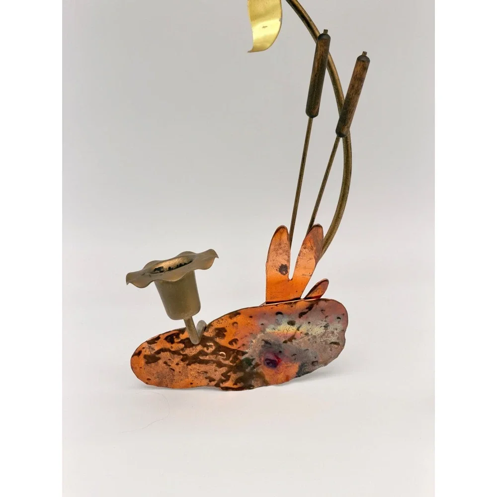 Vintage Brutalist Brass Copper Flying Geese Cattails Candle Holder Set Pair MCM